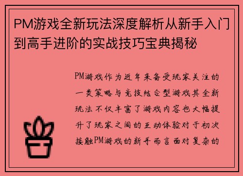 PM游戏全新玩法深度解析从新手入门到高手进阶的实战技巧宝典揭秘