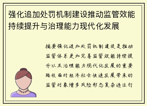 强化追加处罚机制建设推动监管效能持续提升与治理能力现代化发展
